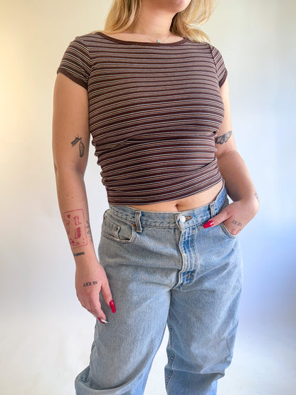 90s Y2K Brown Striped Baby Tee (S)
