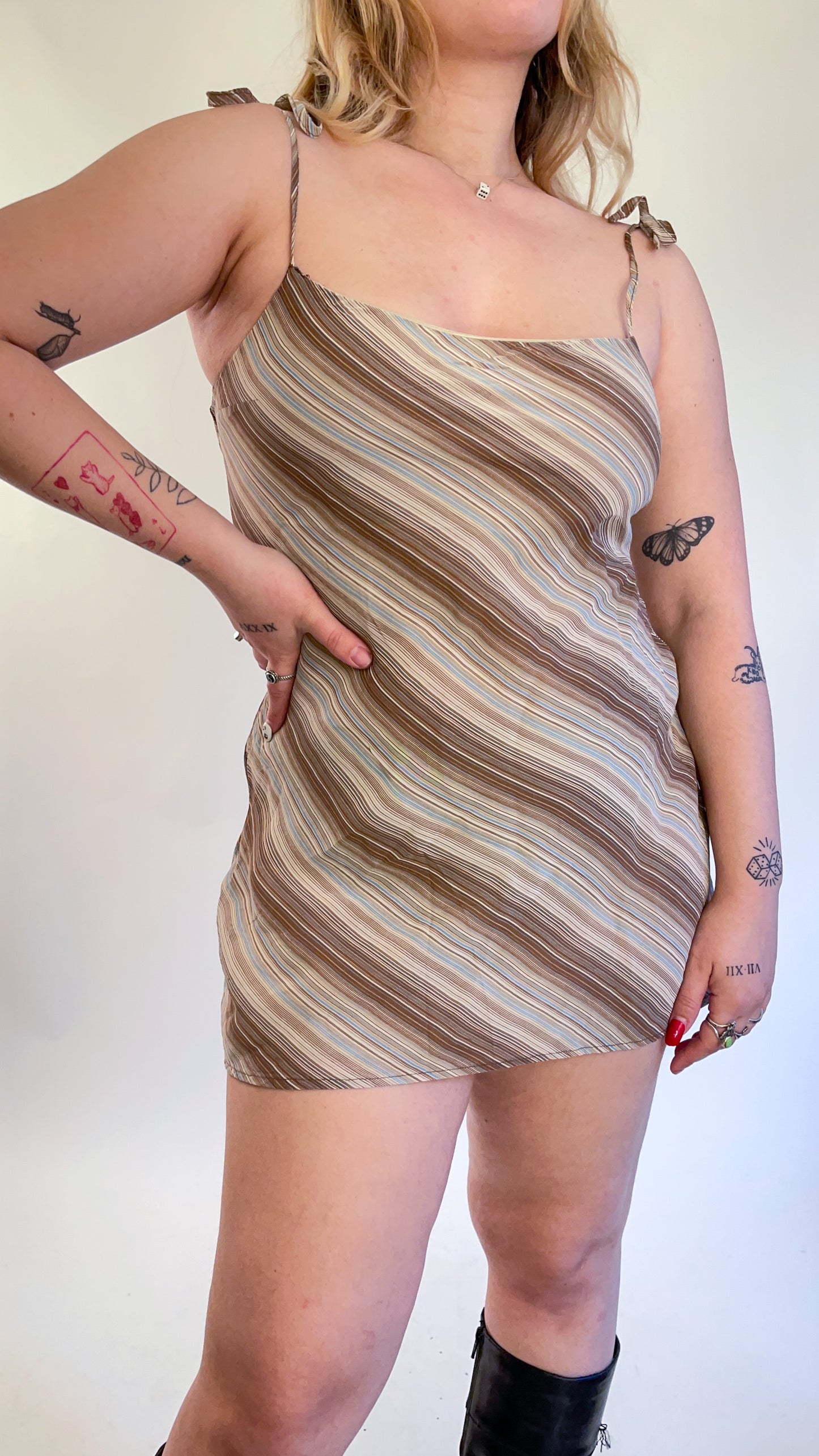90s Striped Mini Dress w/ Tie Straps (XS/S)