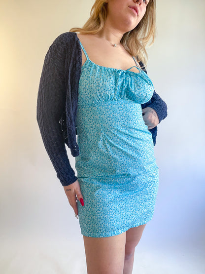 90s Y2K Deadstock Blue Floral Ruched Mini Dress (M)
