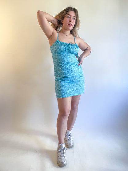 90s Y2K Deadstock Blue Floral Ruched Mini Dress (M)
