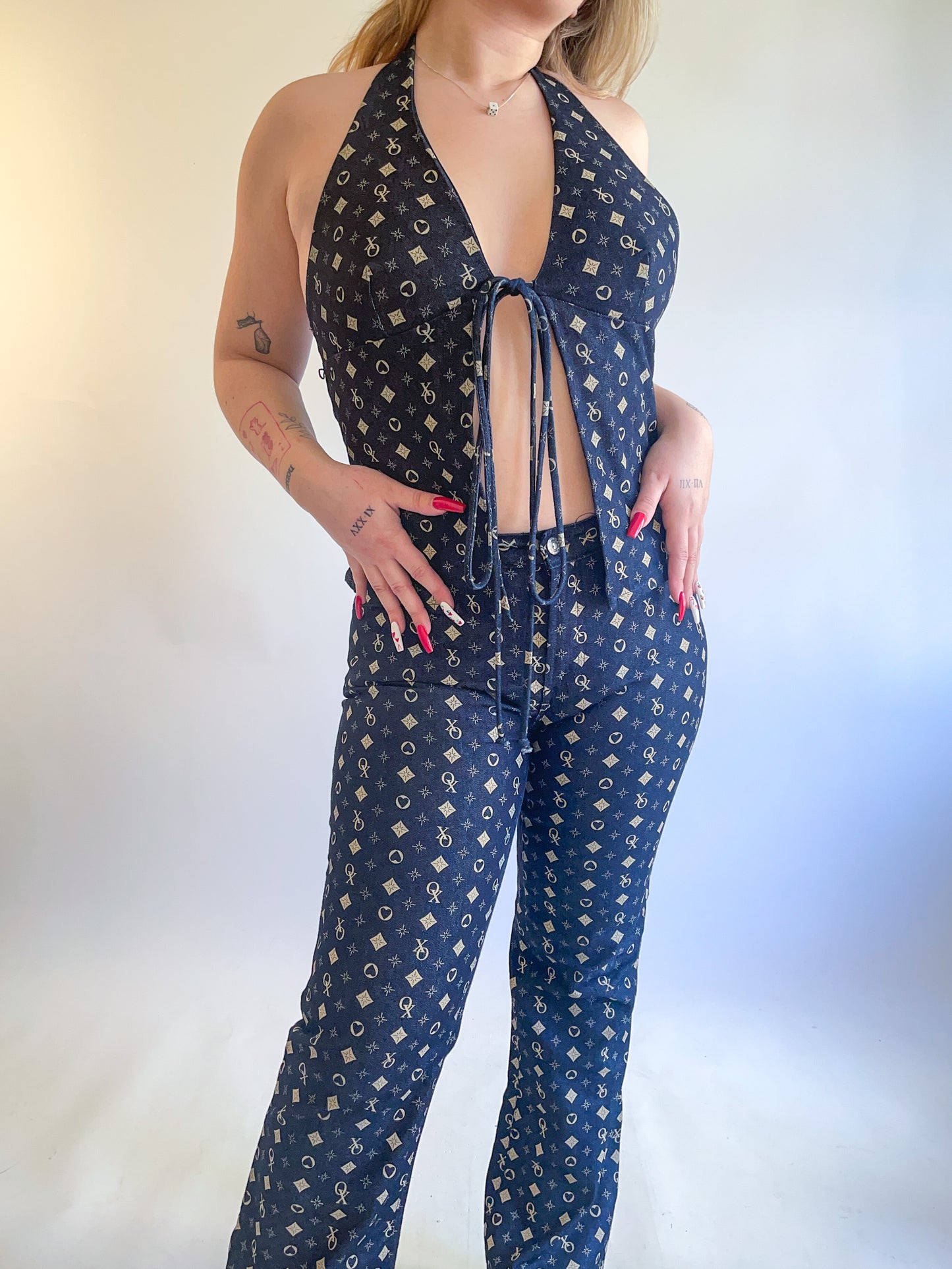 90s Y2K Denim Two Piece Halter & Pants Set (M/L)