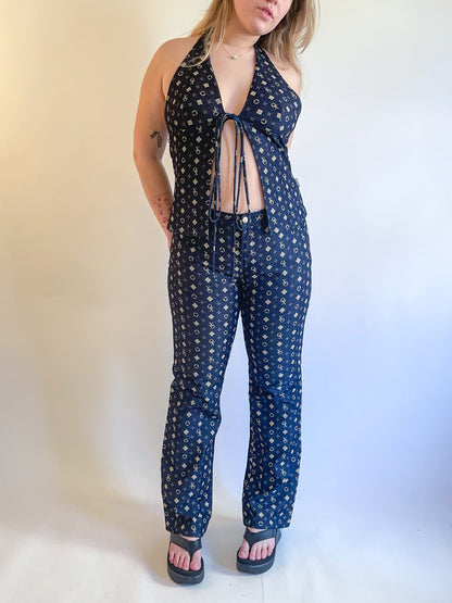 90s Y2K Denim Two Piece Halter & Pants Set (M/L)
