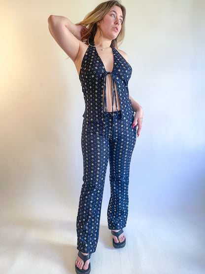 90s Y2K Denim Two Piece Halter & Pants Set (M/L)