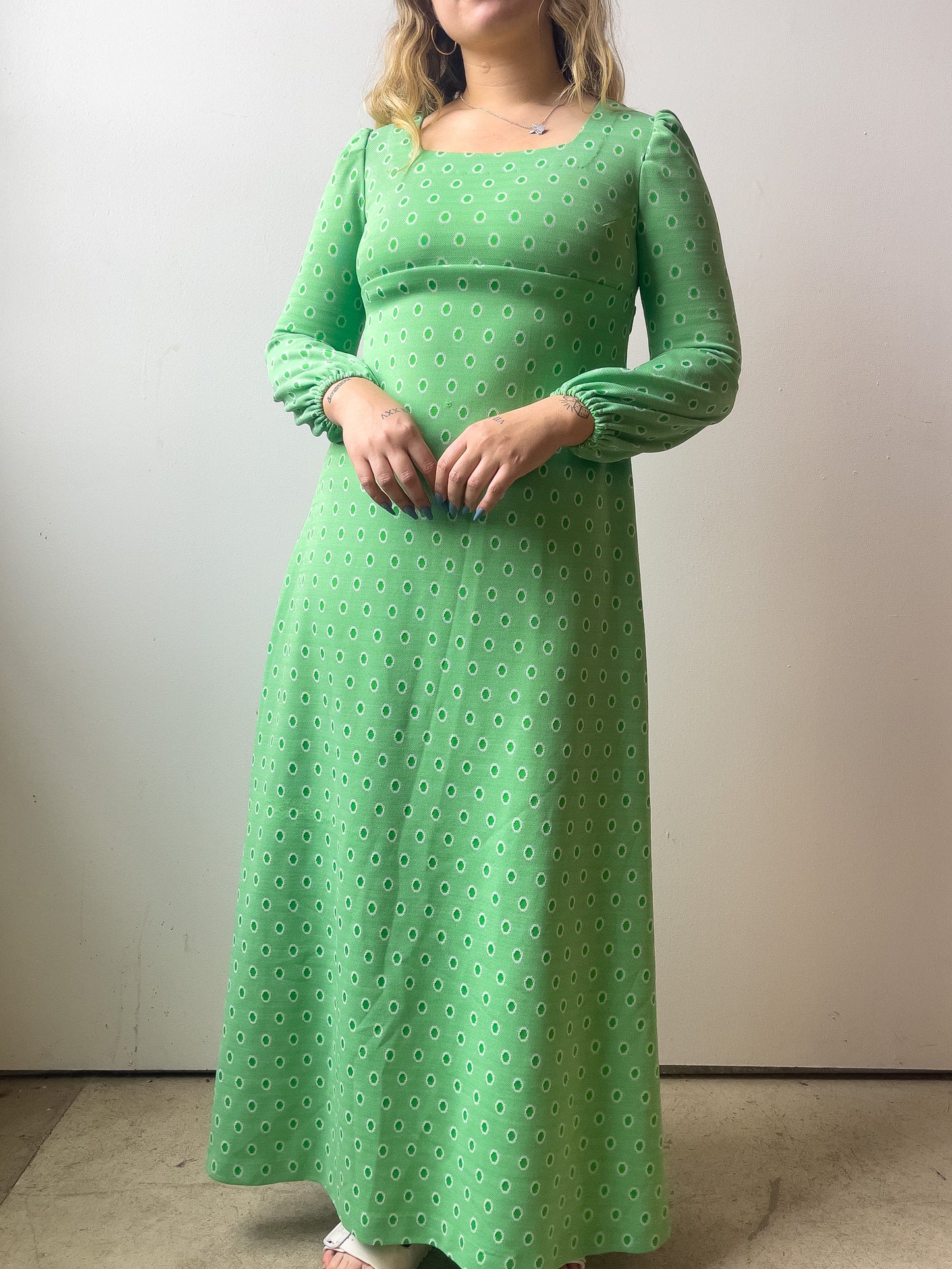70s Lime Green Puff Sleeve Maxi Dress (S/M)