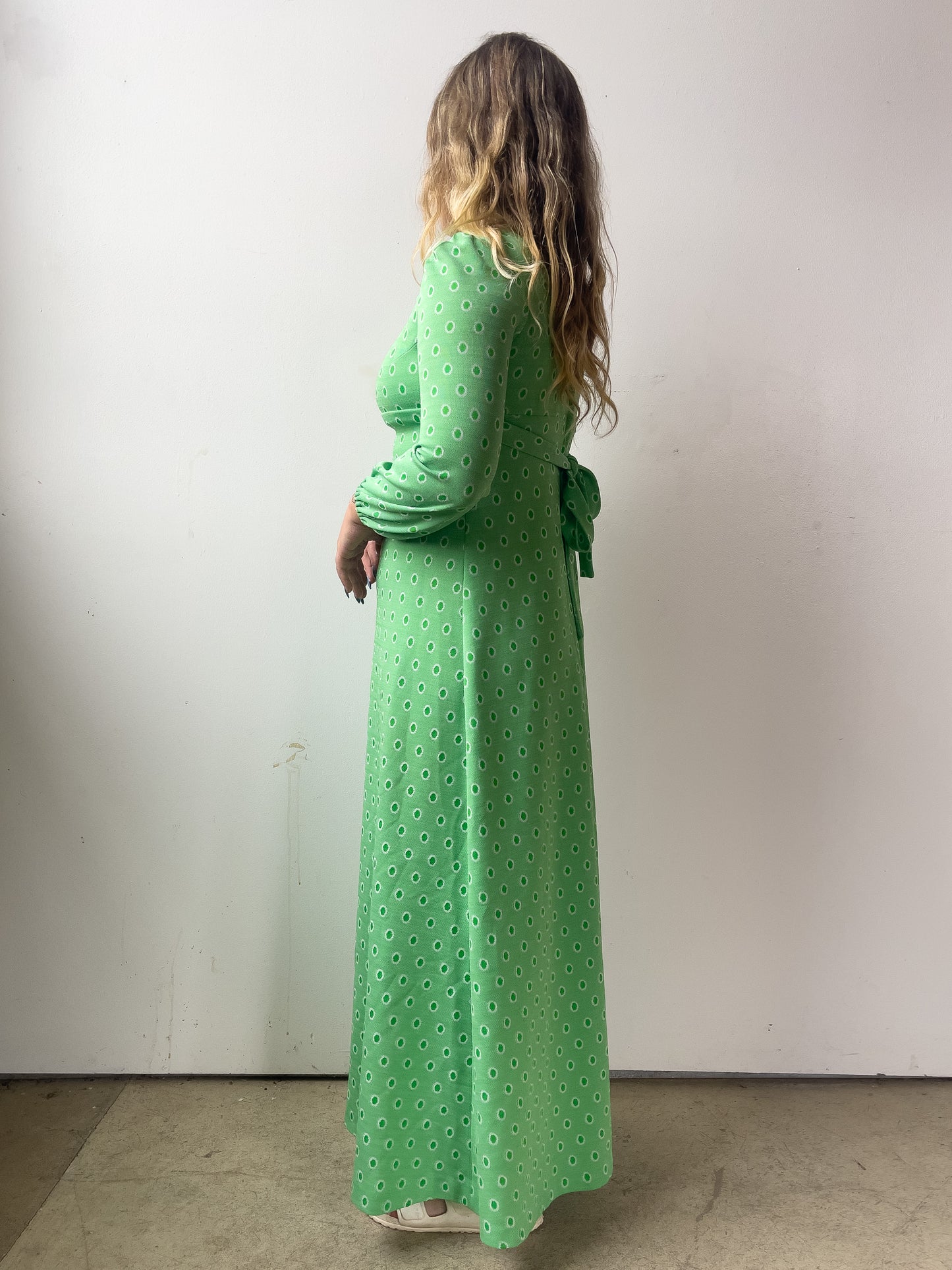 70s Lime Green Puff Sleeve Maxi Dress (S/M)