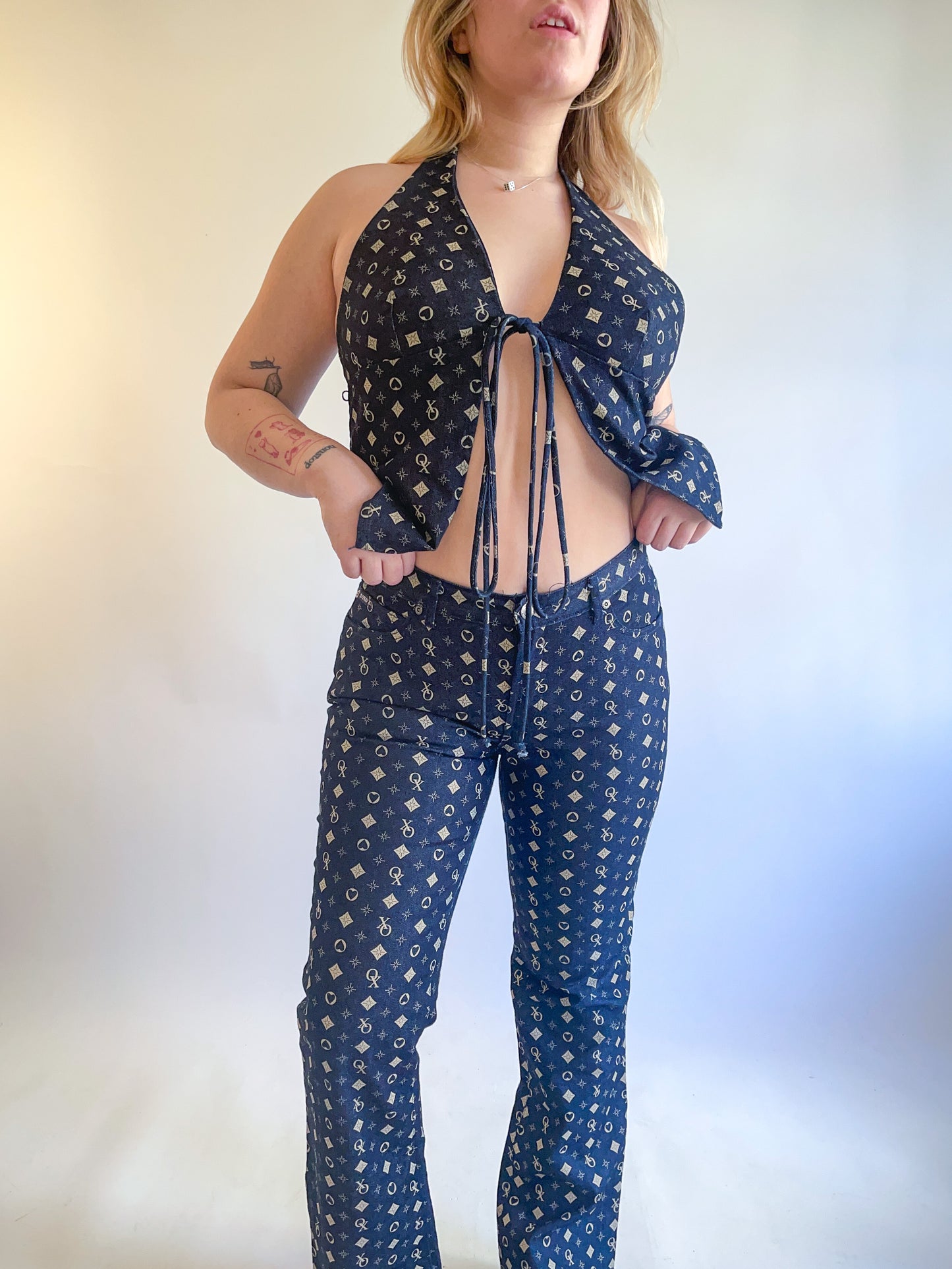 90s Y2K Denim Two Piece Halter & Pants Set (M/L)