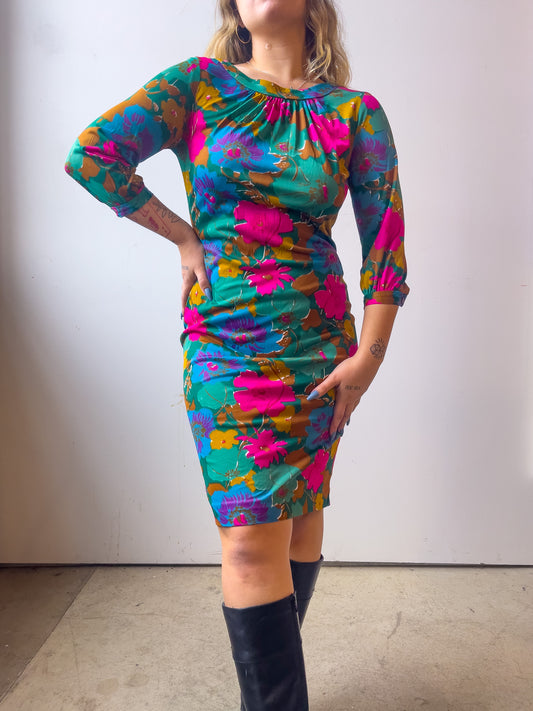 70s Vibrant Floral Midi Dress (M)