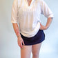 L 70s White Terry Cloth Collared Top