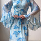 70s Blue Floral Angel Sleeve Maxi Dress (M)