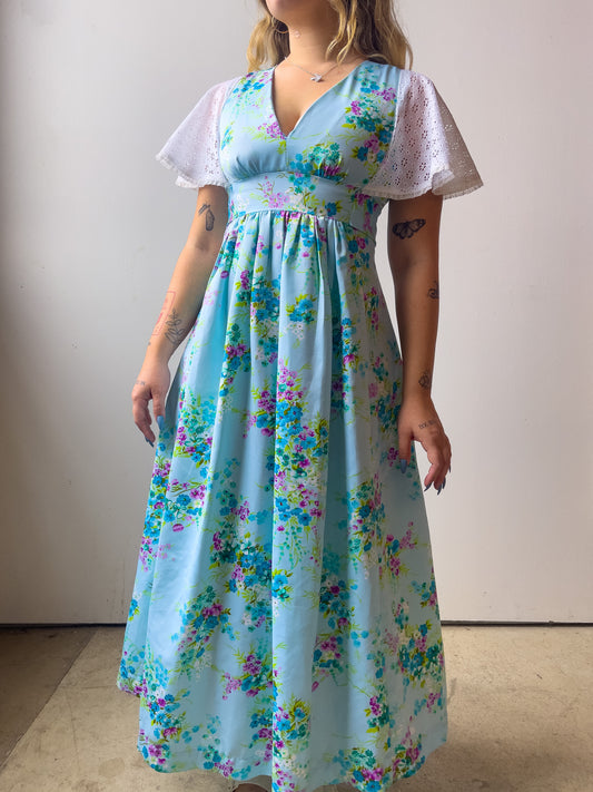 70s Floral Flutter Sleeve Maxi Dress (S/M)