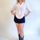 L 70s White Terry Cloth Collared Top