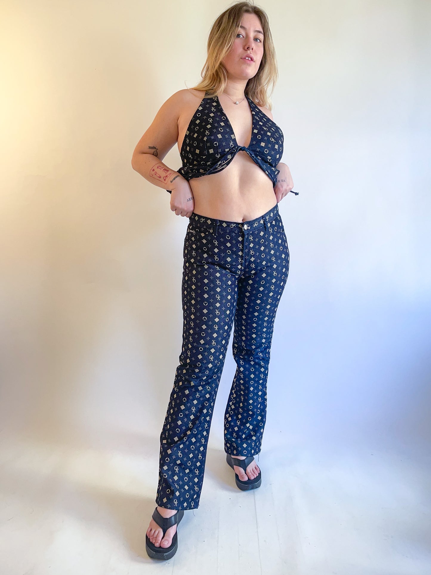 90s Y2K Denim Two Piece Halter & Pants Set (M/L)