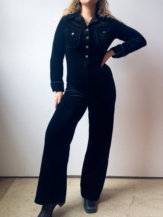 70s Black Velvet Wide Leg Jumpsuit (M)