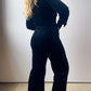 70s Black Velvet Wide Leg Jumpsuit (M)