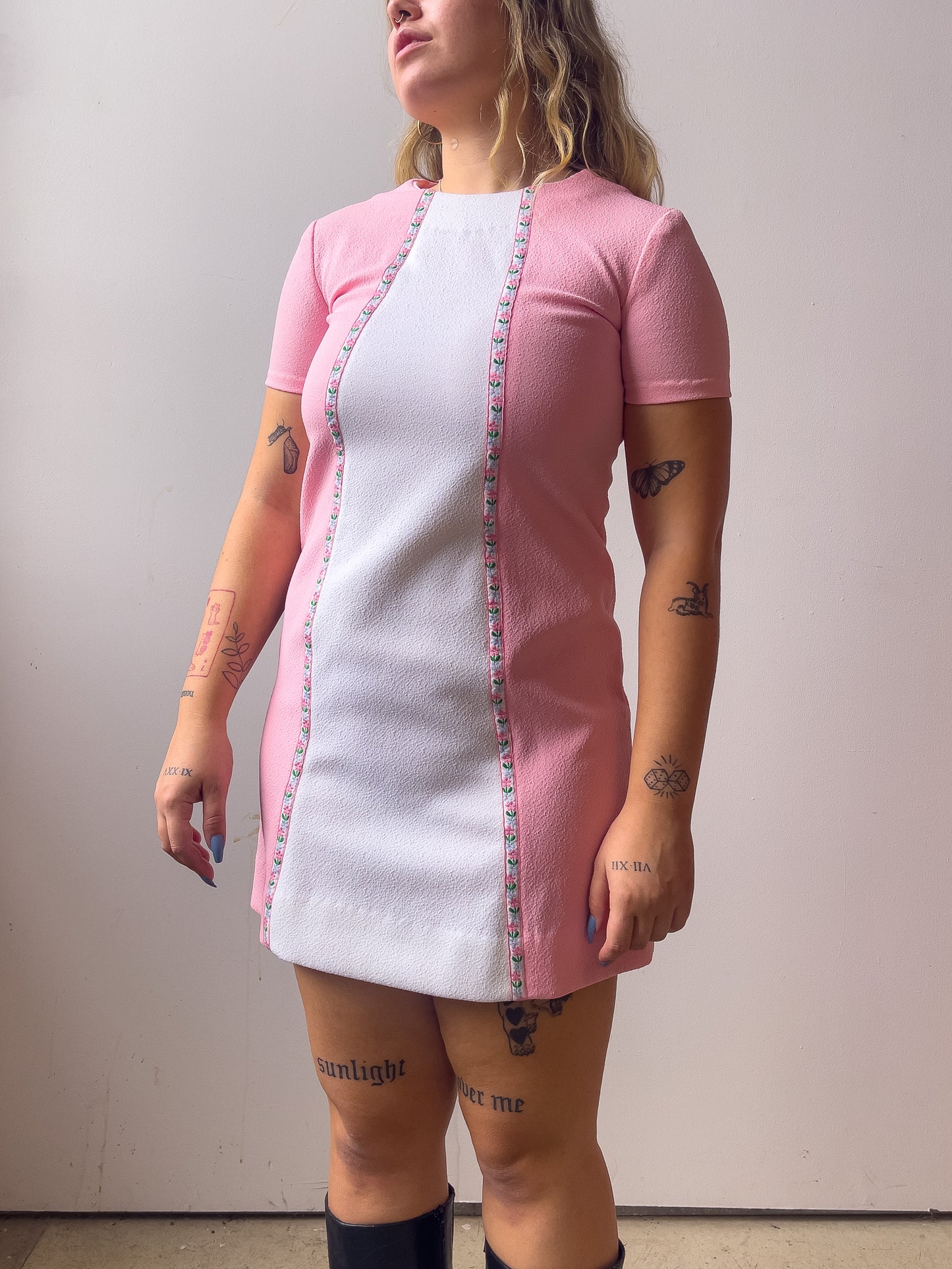 60s Pink & White Mod Mini Dress (XS/S)