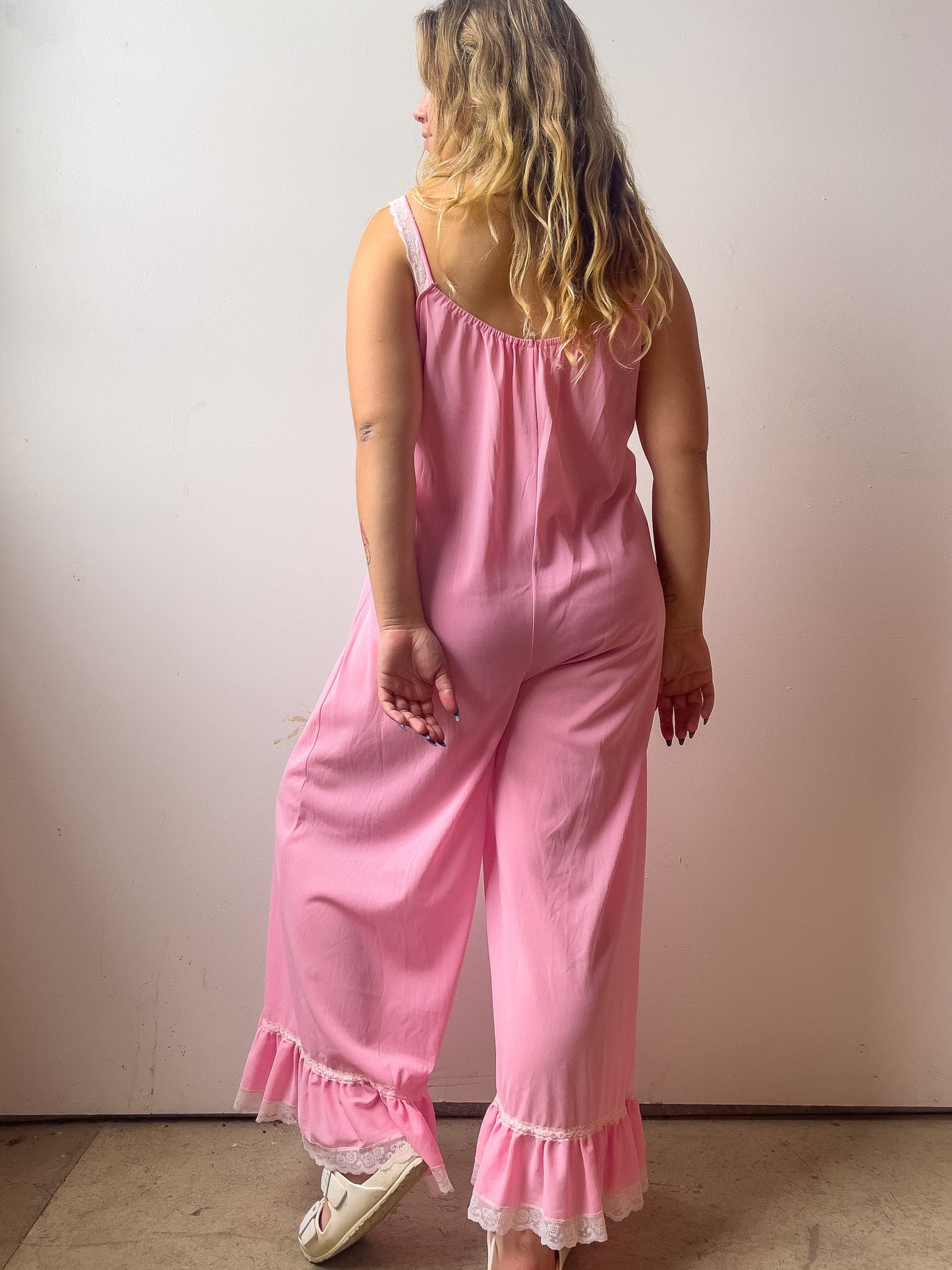 60s Pink Wide Leg Lounge Jumpsuit (M/L)