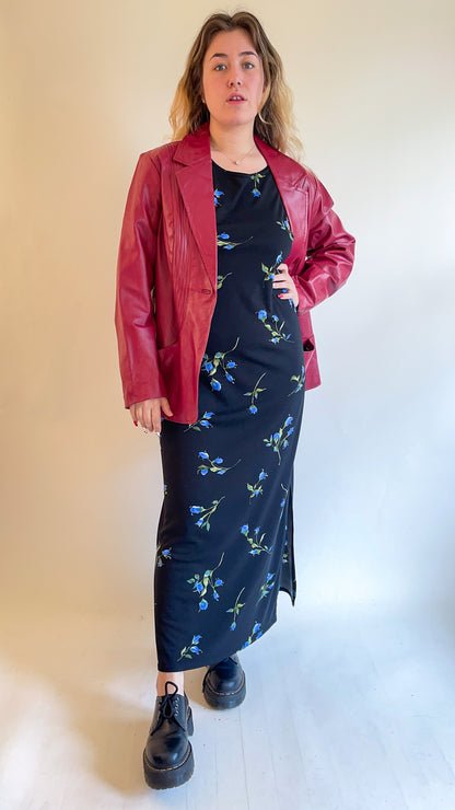90s Black Maxi Dress w/ Blue Rose Print (L/XL)