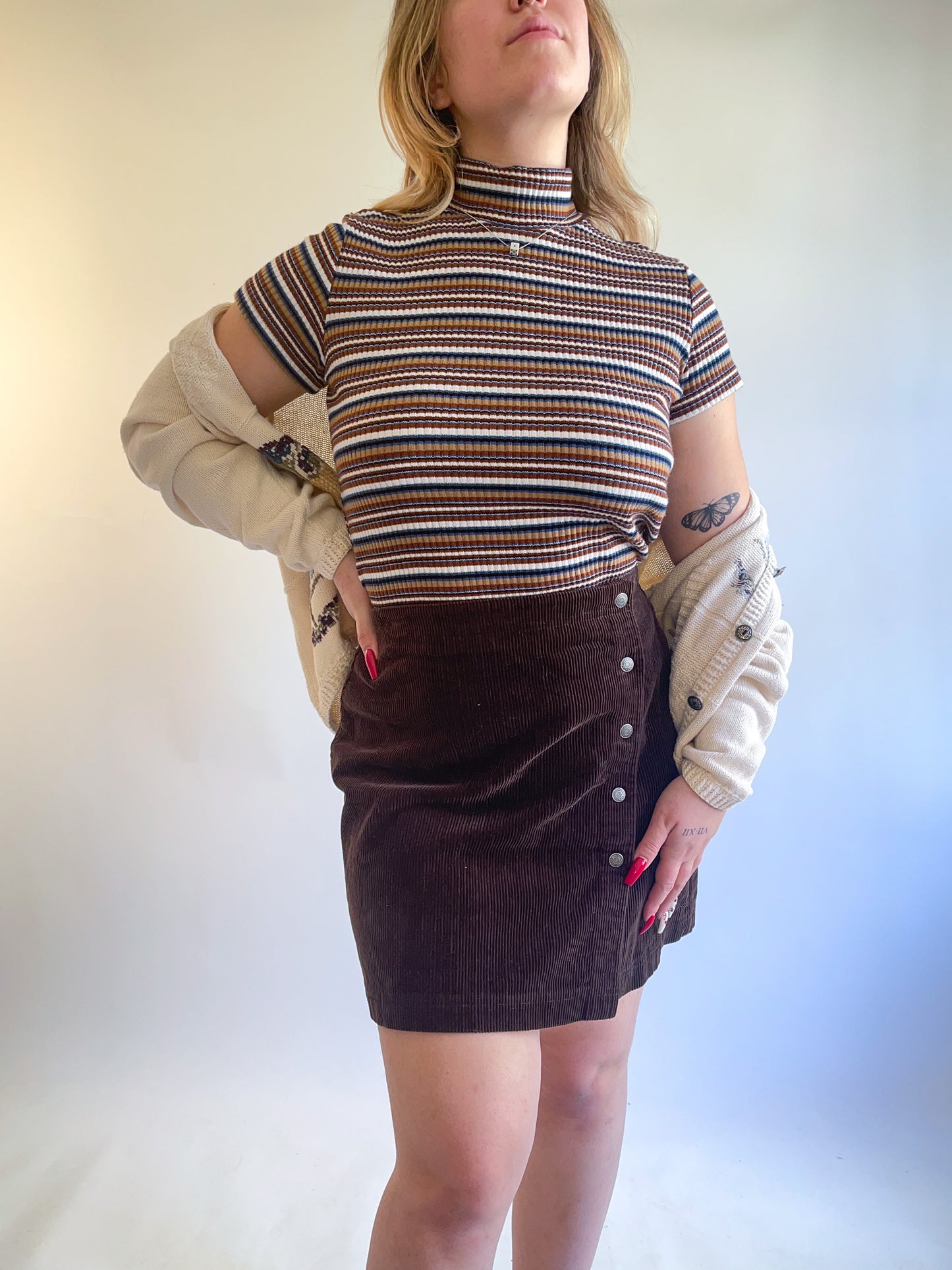 90s Brown Corduroy Button Front Mini Skirt (W31")