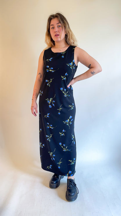 90s Black Maxi Dress w/ Blue Rose Print (L/XL)
