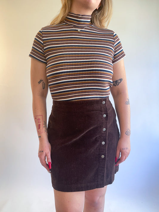 90s Brown Corduroy Button Front Mini Skirt (W31")