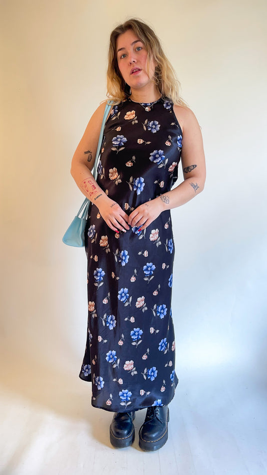 90s Silky Floral Print Maxi Dress (M)