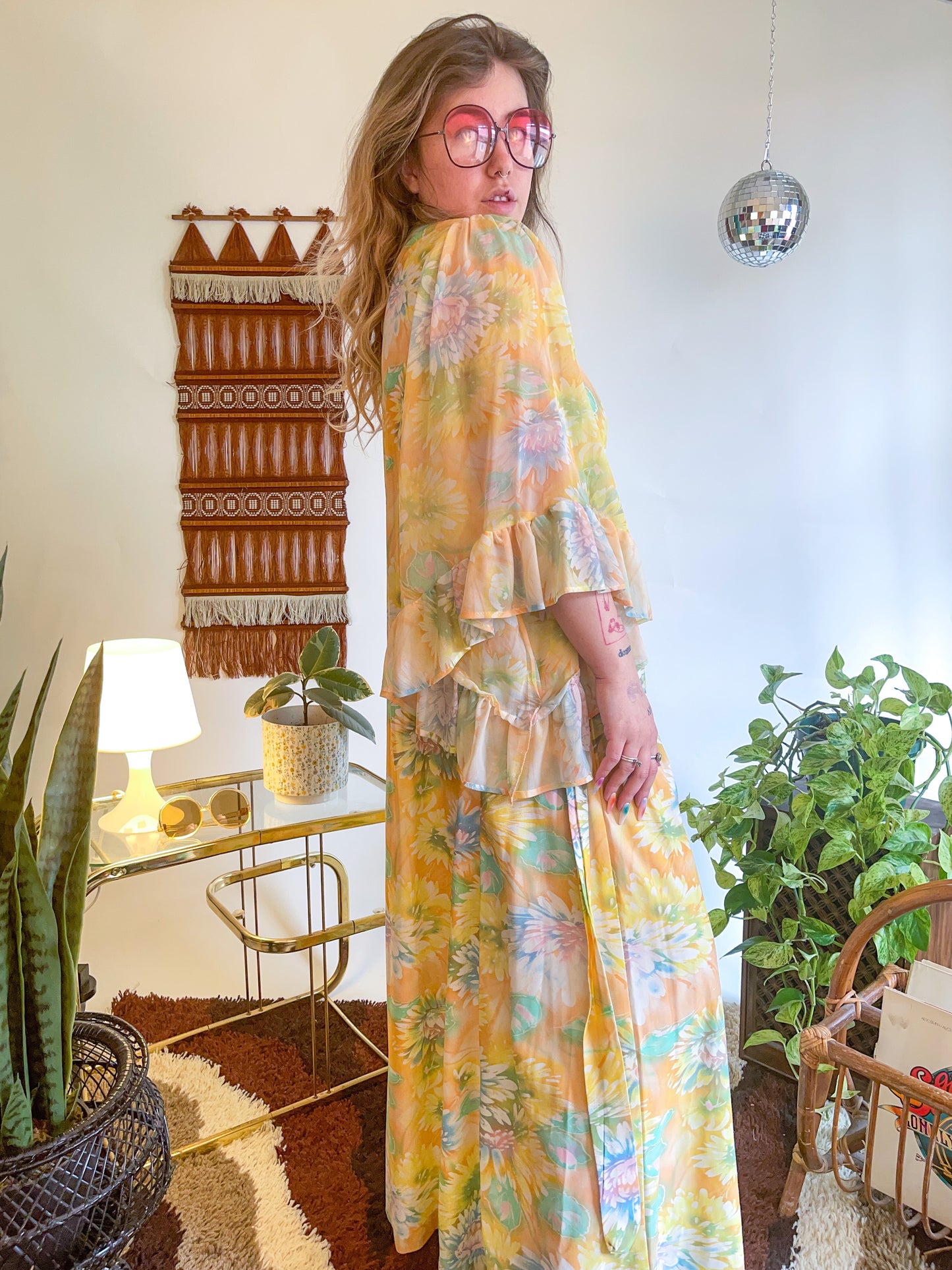 70s Rainbow Sherbert Floral Angel Sleeve Dress (XL/XXL)