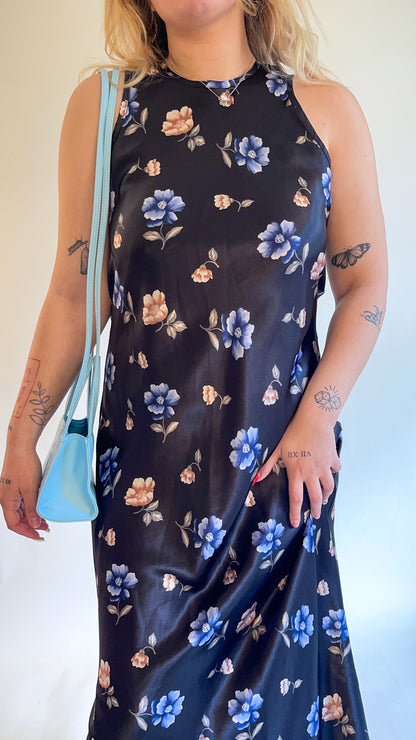 90s Silky Floral Print Maxi Dress (M)