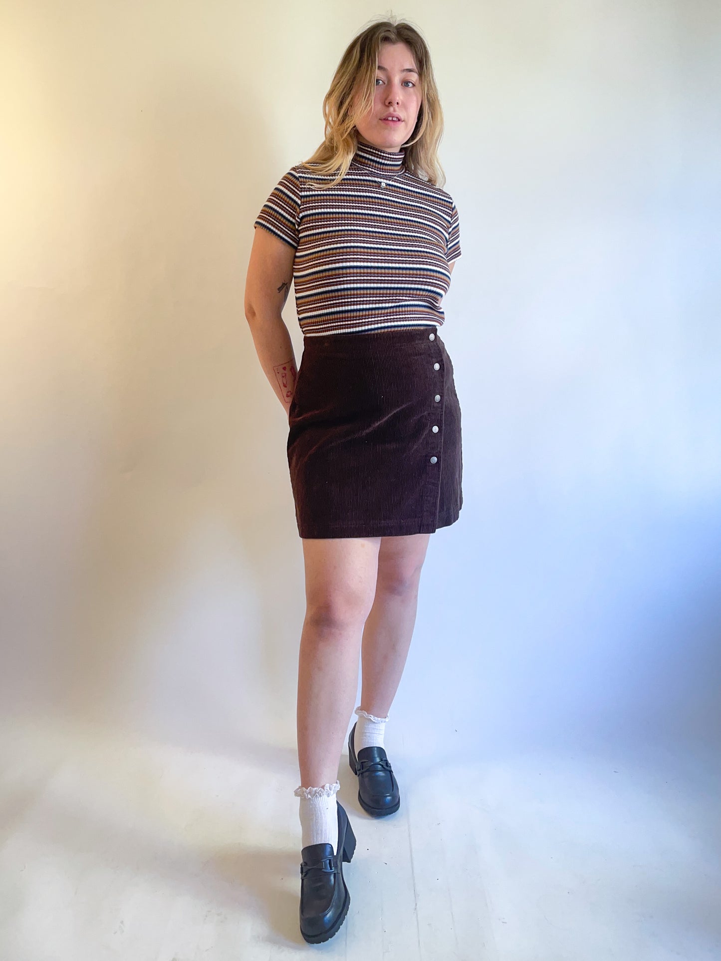 90s Brown Corduroy Button Front Mini Skirt (W31")