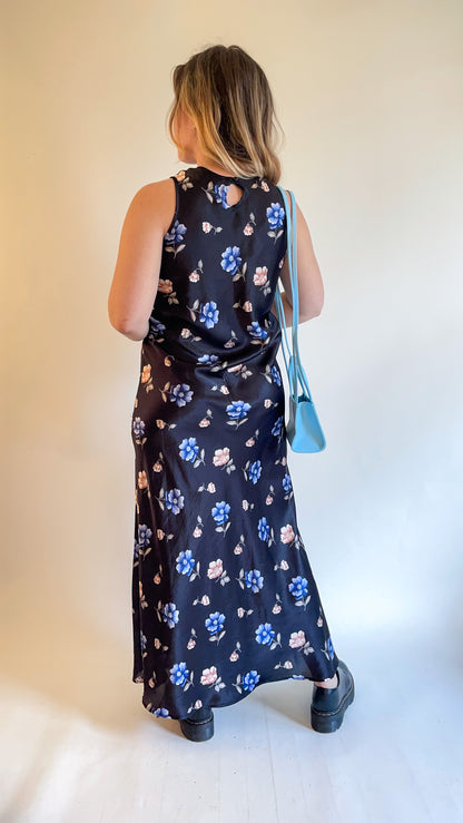 90s Silky Floral Print Maxi Dress (M)