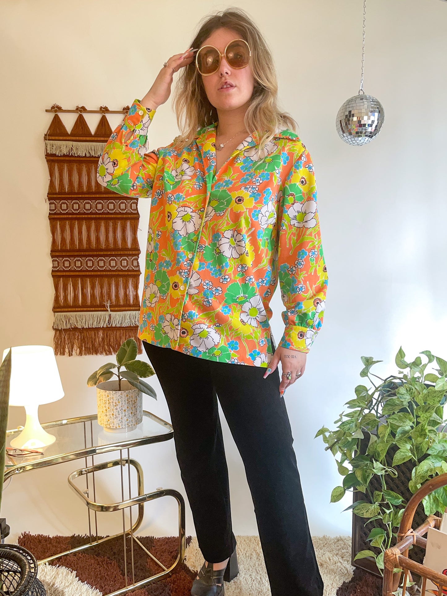 70s Bright Neon Floral Button Up (XL)
