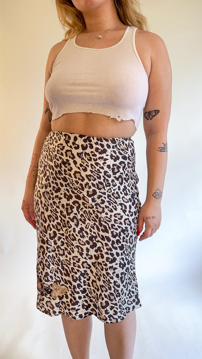 00s Silk Leopard Print Midi Skirt (S/M)