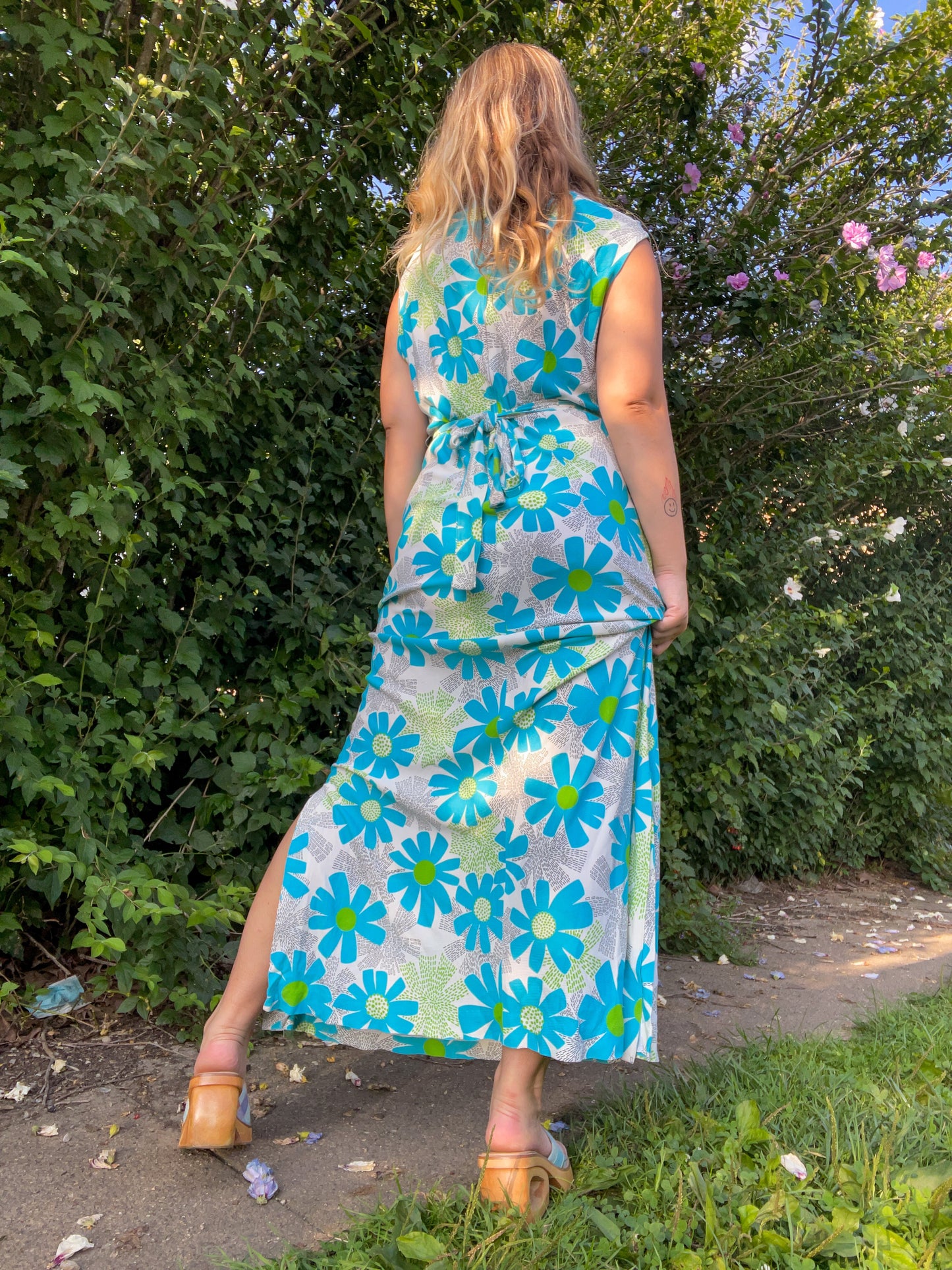 60s Green & Blue Graphic Floral Maxi Dress (L)