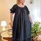 70s Black Puff Sleeve Gauze Dress (S-XXL)