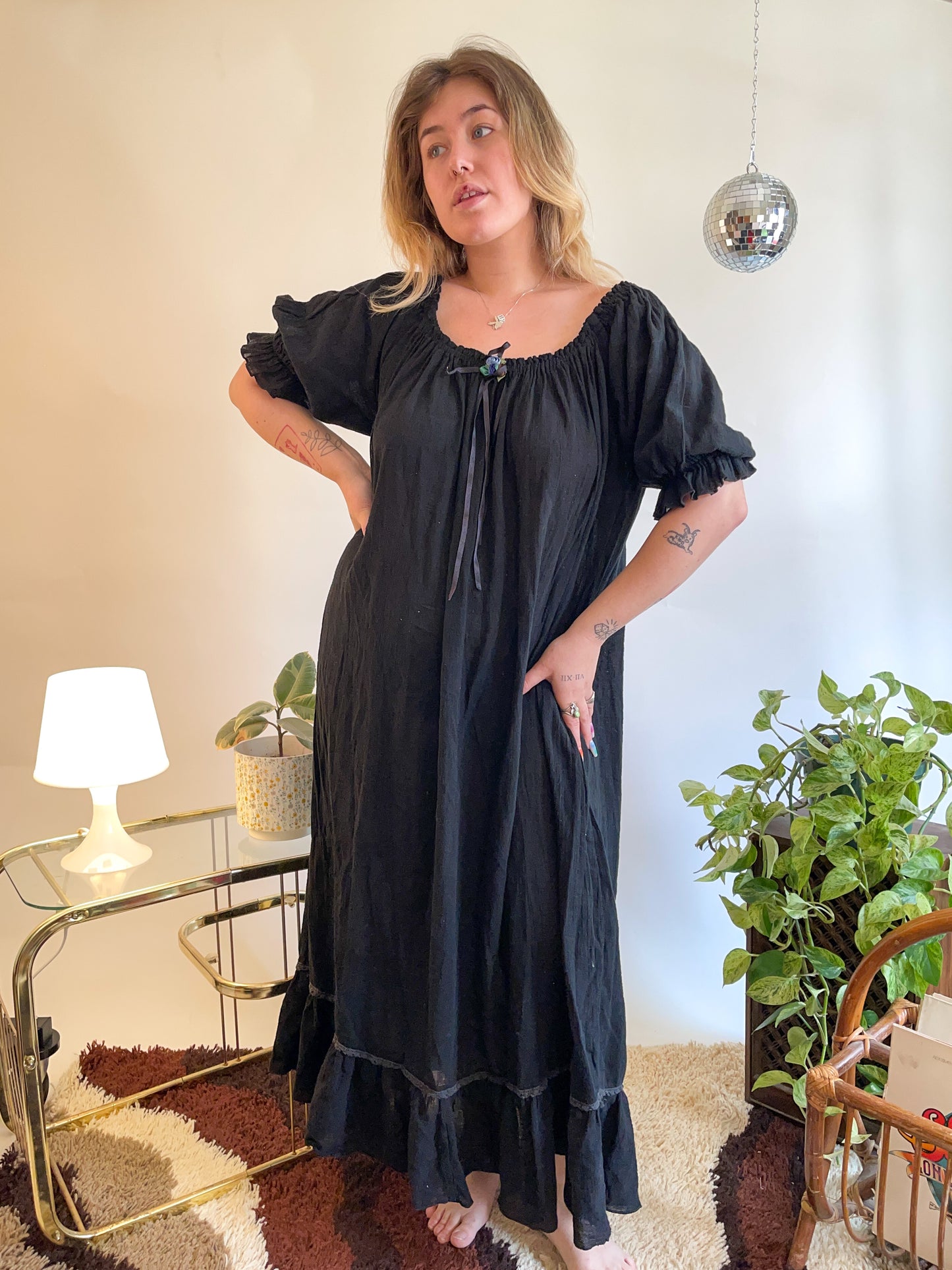 70s Black Puff Sleeve Gauze Dress (S-XXL)