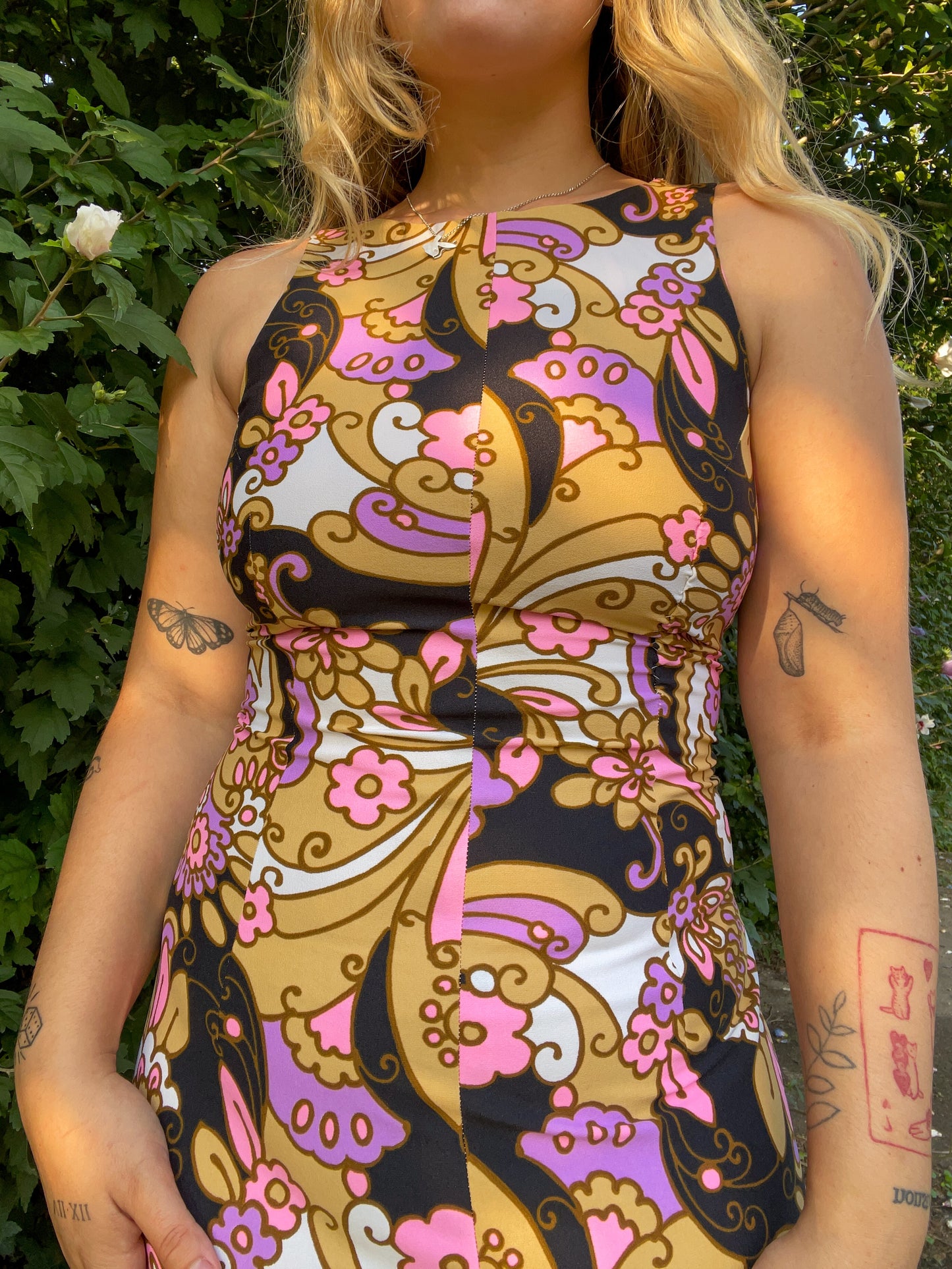 60s Psychedelic Graphic Floral Maxi Dress (S)