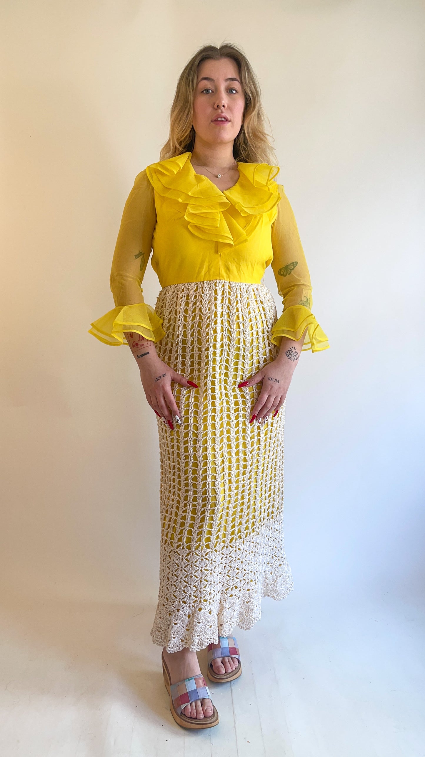 60s Sunshine Yellow Formal Dress w/ Crochet Skirt