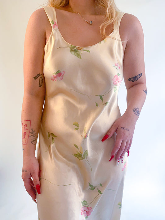 M 90s Champagne Floral Silky Slip Dress