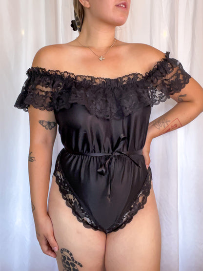 70s Black Lace Teddy Bodysuit (M)