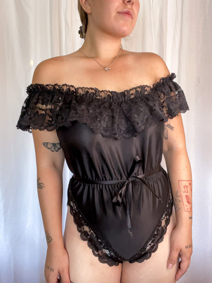 70s Black Lace Teddy Bodysuit (M)