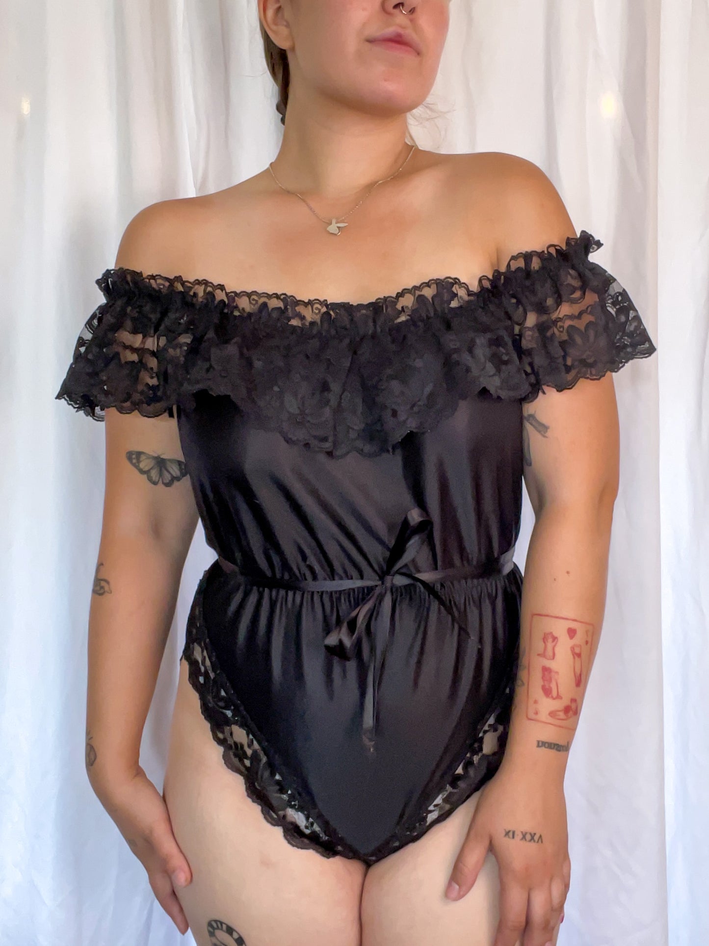 70s Black Lace Teddy Bodysuit (M)