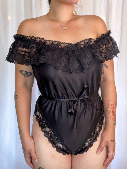 70s Black Lace Teddy Bodysuit (M)