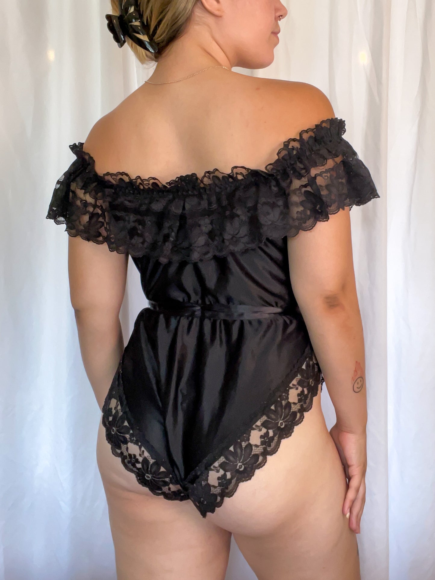 70s Black Lace Teddy Bodysuit (M)