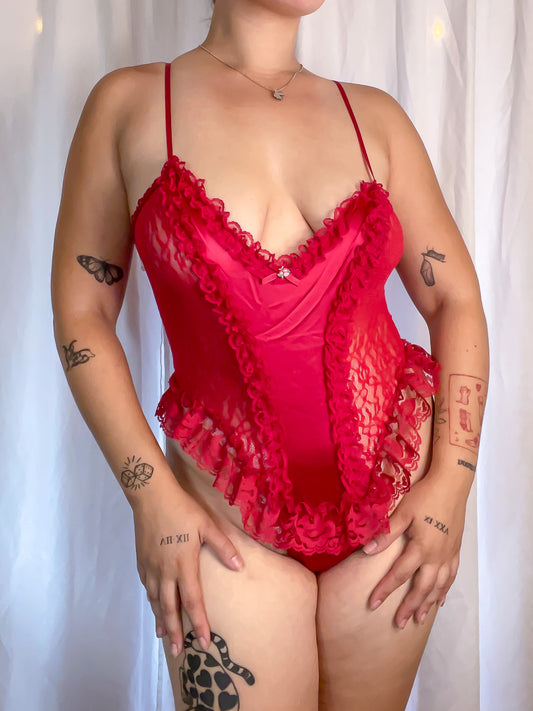 60s Crimson Lace High Cut Teddy Bodysuit (S/M)