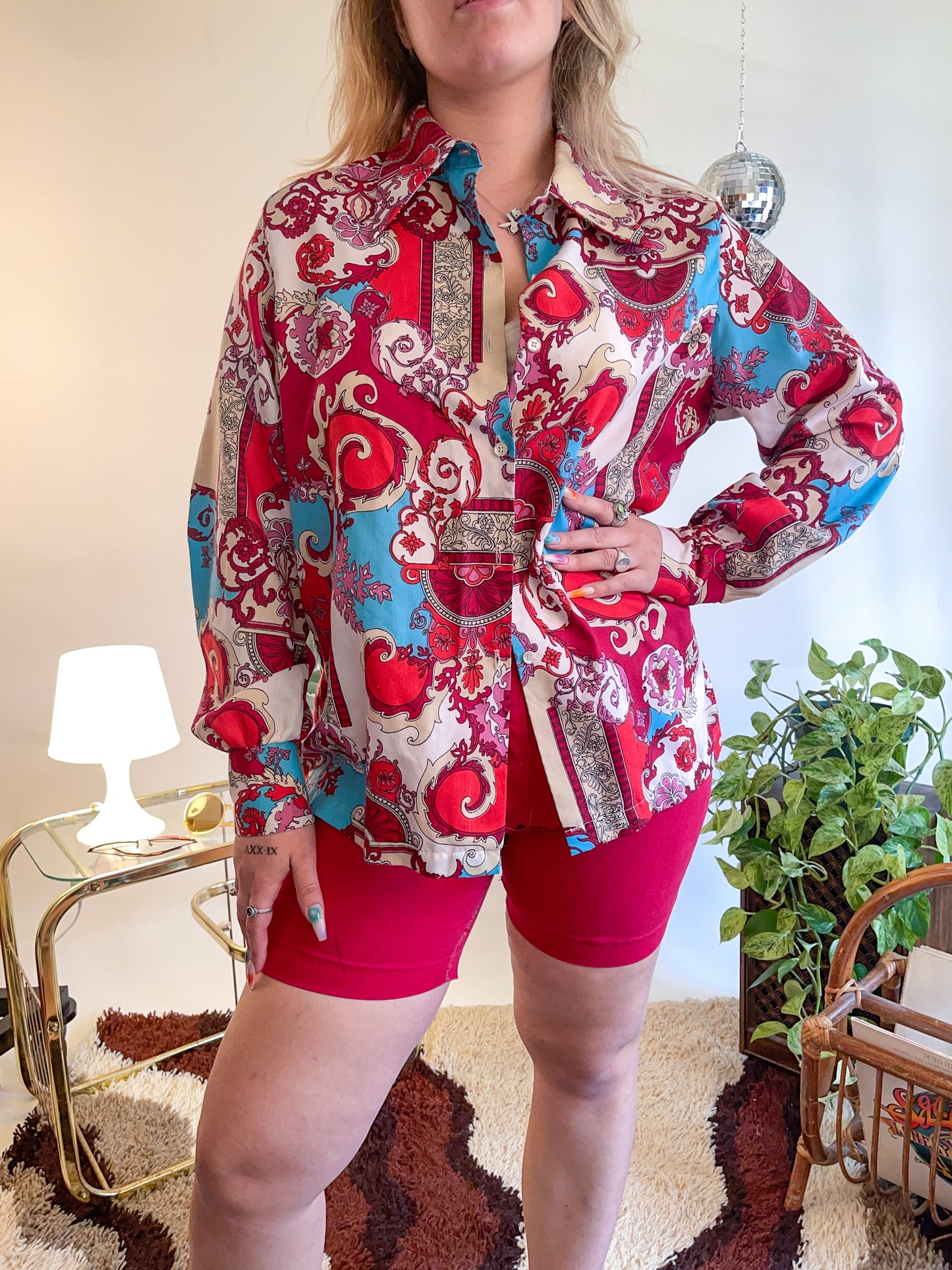 60s Ornate Psychedelic Patterned Bishop Sleeve Button Up (XL)