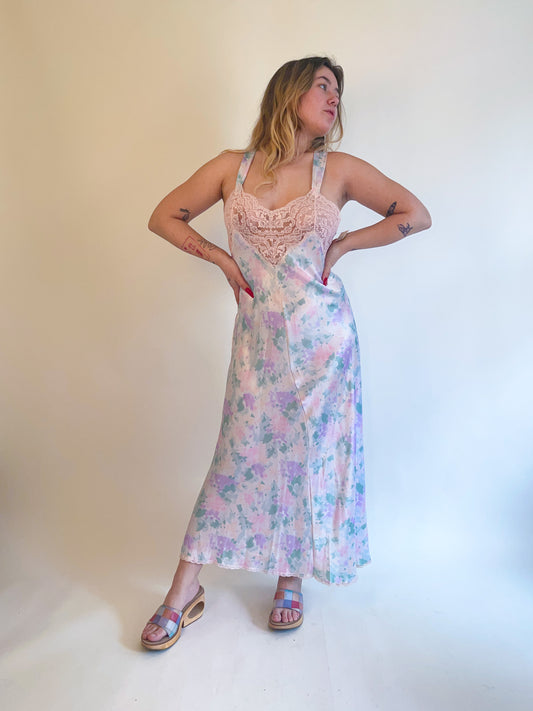 M 80s Deadstock Watercolor Floral Maxi Slip Dress