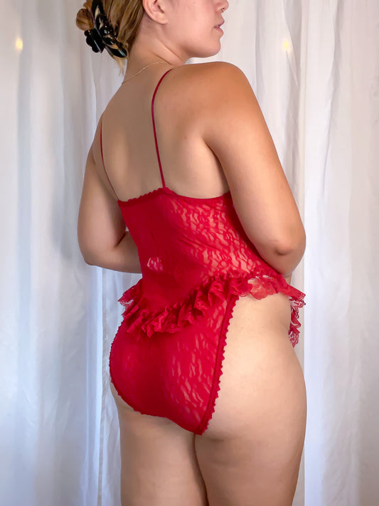 60s Crimson Lace High Cut Teddy Bodysuit (S/M)