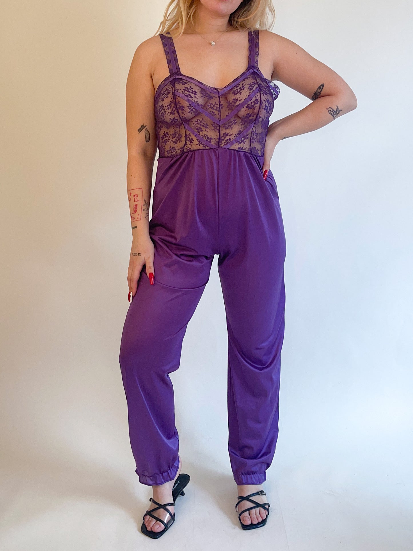 L 80s Purple Lace Lingerie Jumpsuit
