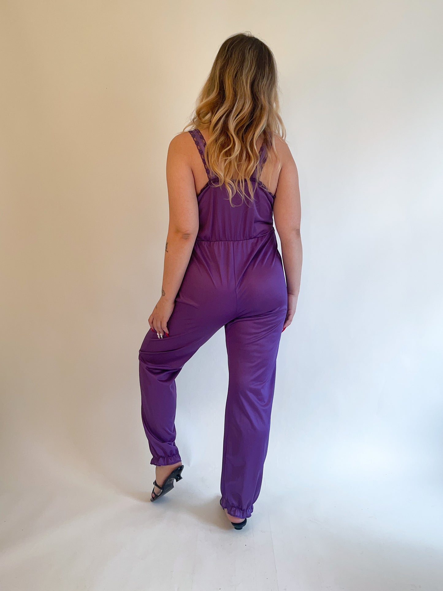 L 80s Purple Lace Lingerie Jumpsuit
