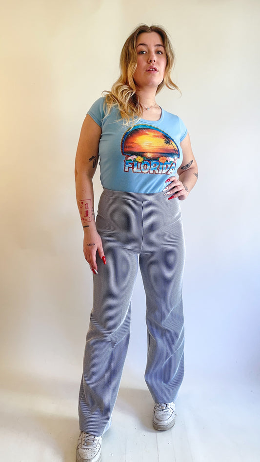 70s Blue & White Pinstripe Flare Pants (M)