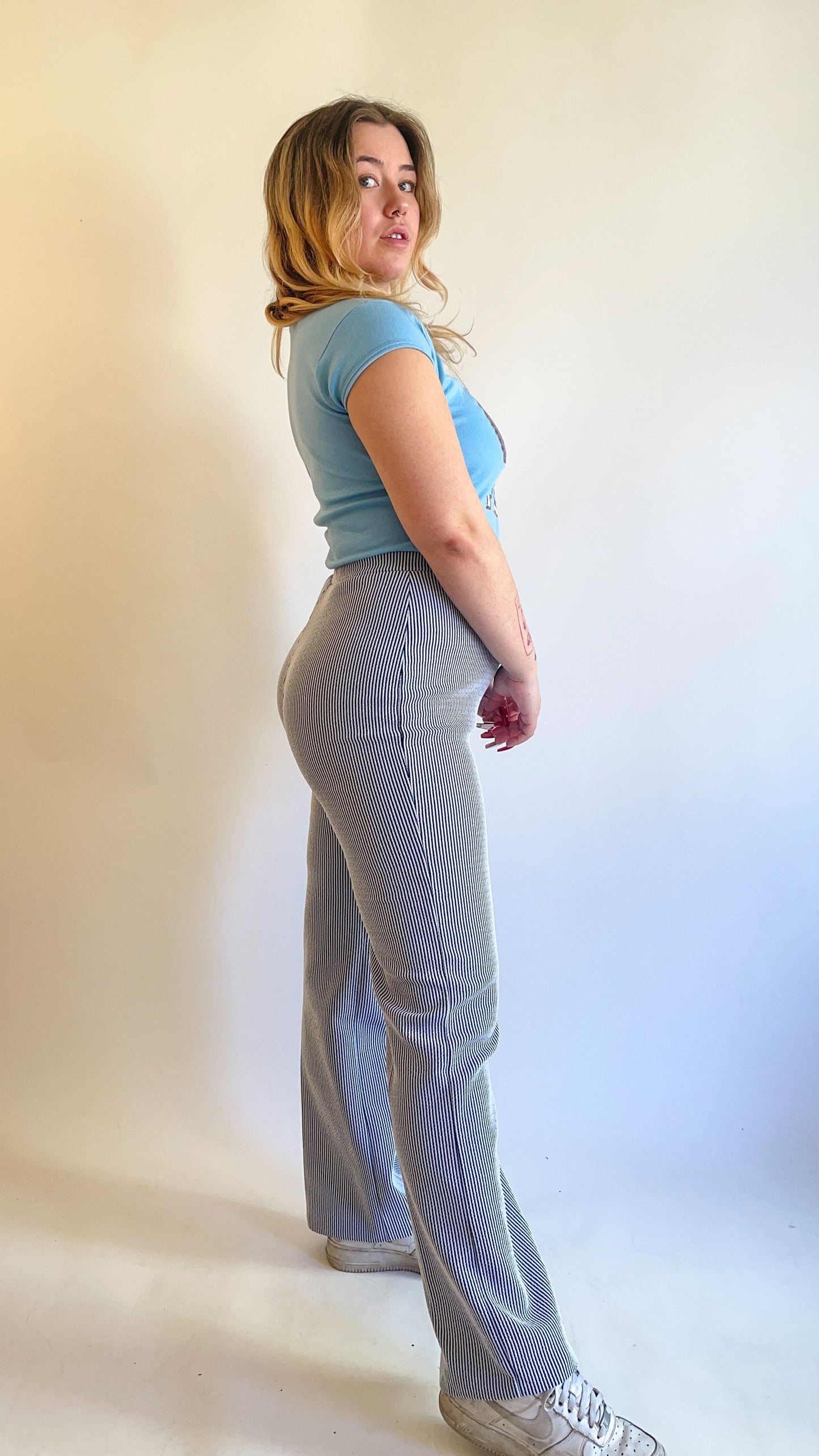 70s Blue & White Pinstripe Flare Pants (M)